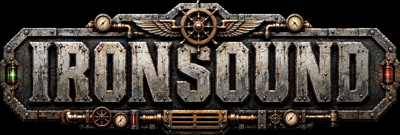 Ironsound — riveted steel logotype with a winged ship's wheel