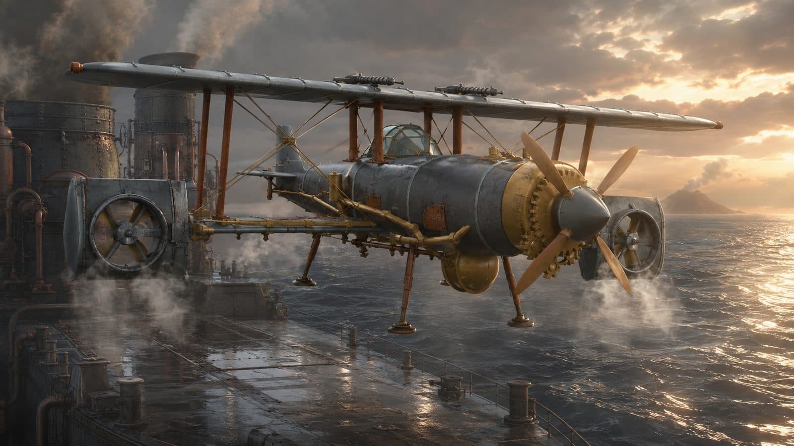 On the flight deck, legs down and steam up