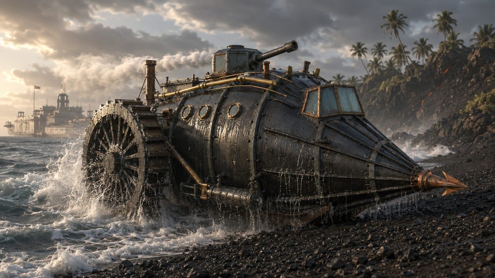 Beaching under her own steam, paddle wheels turning