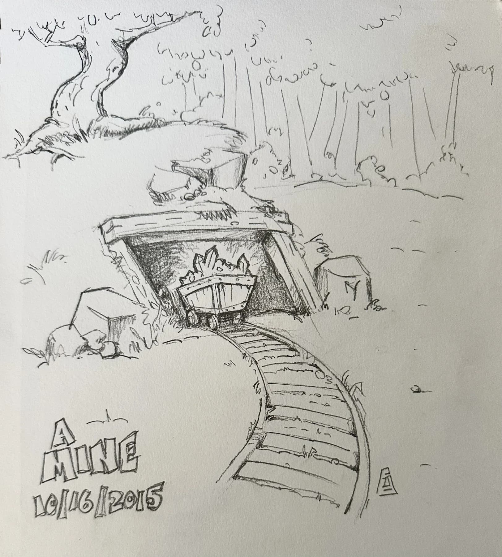 Graphite drawing of a timbered mine entrance cut into a hillside with rail track curving away from it, hand-lettered 'A Mine' and dated 2015.