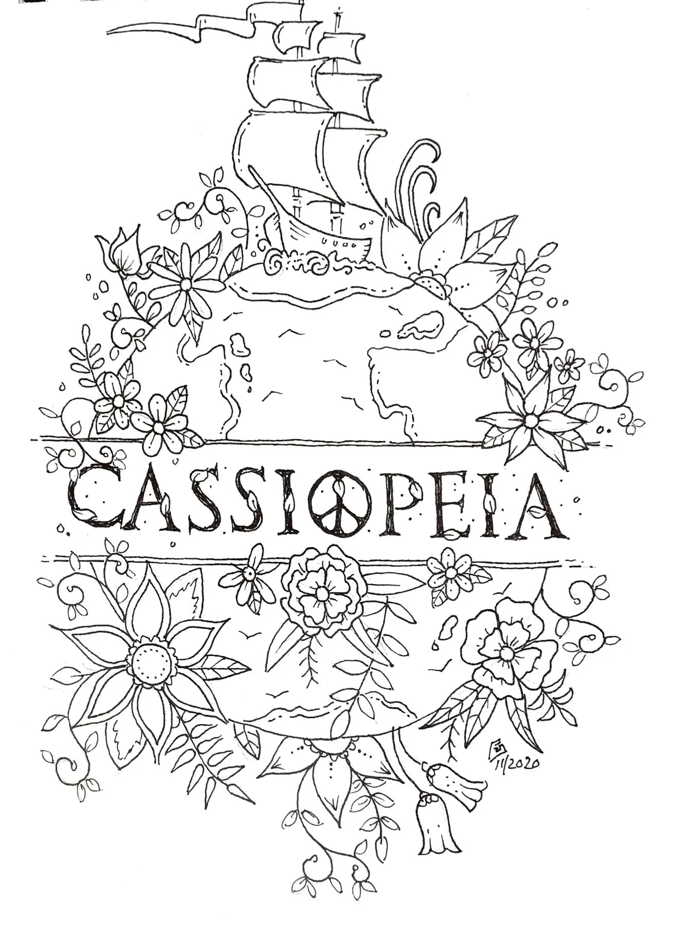 Ink drawing of a tall ship under full sail cresting a wave, set inside a circular wreath of sunflowers and foliage, with 'Cassiopeia' lettered across a banner beneath it.