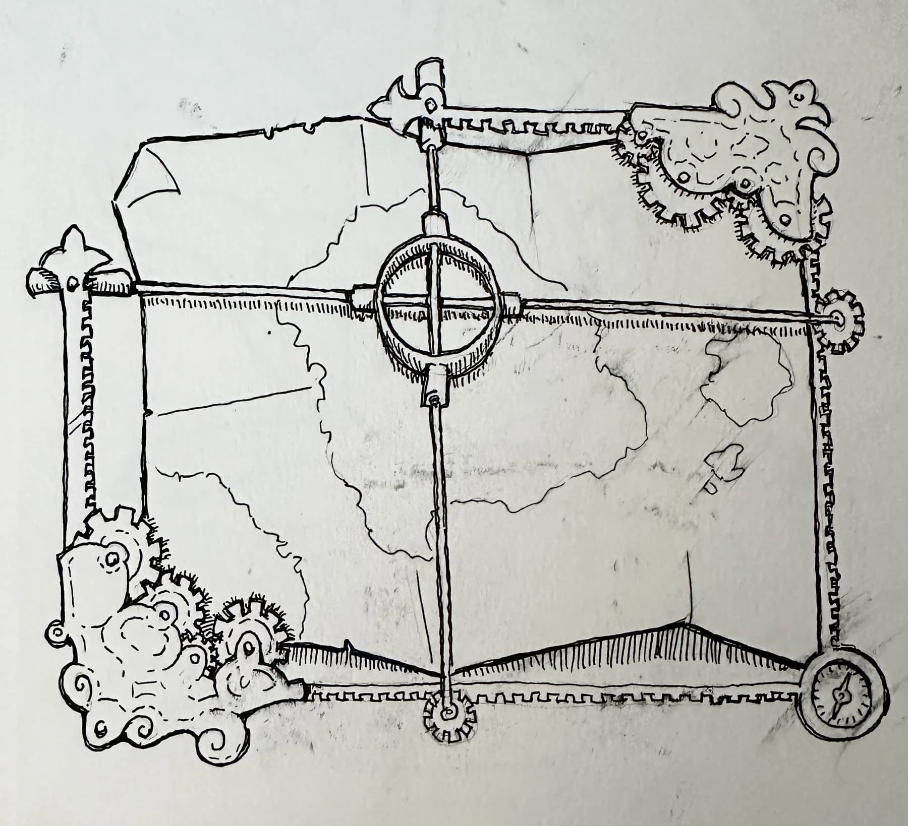 Ink drawing of a coastal chart pinned in a brass frame of gears, rivets and a compass rose.