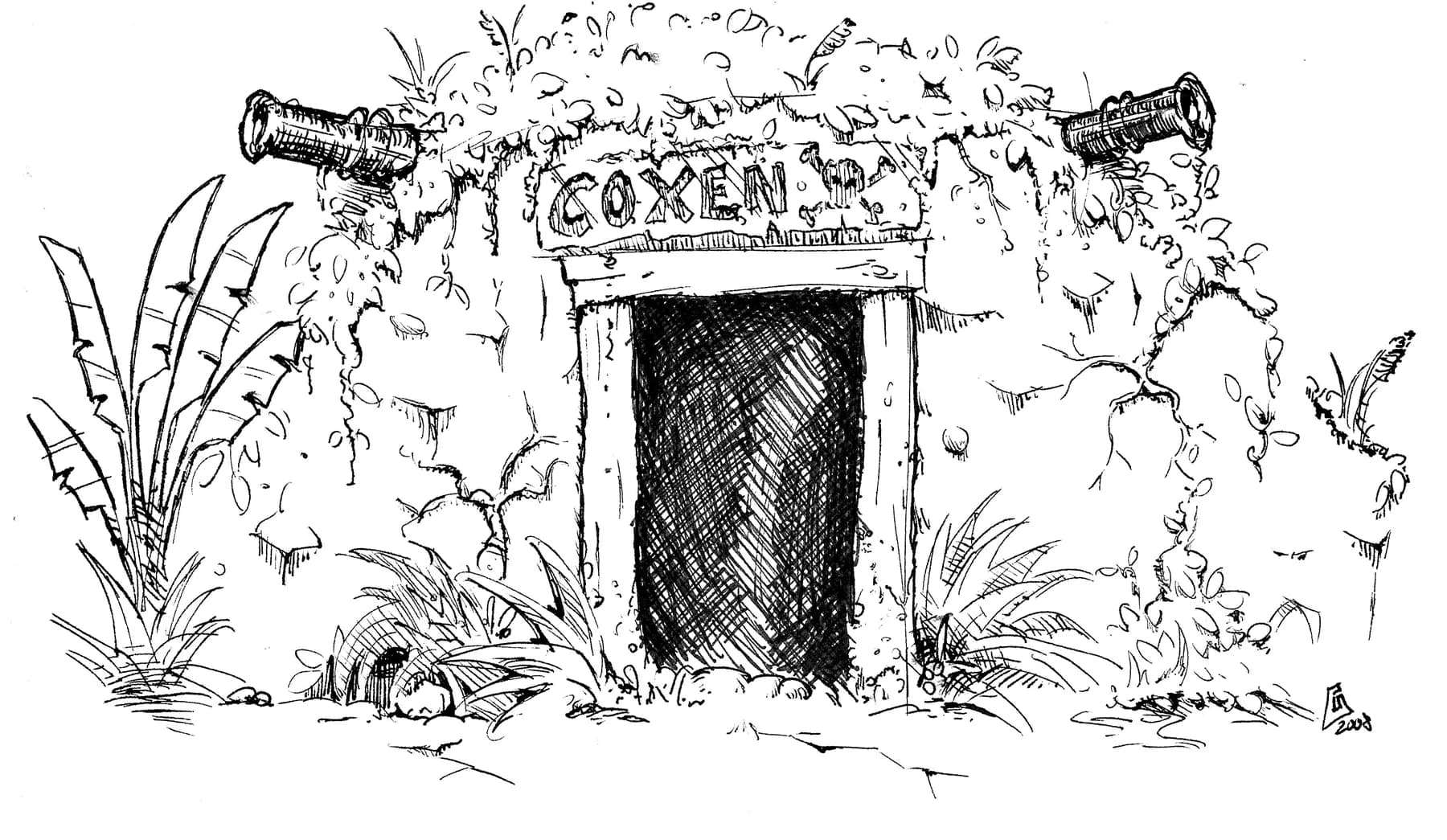 Pen-and-ink drawing of an overgrown stone cave mouth with a carved 'Coxen' sign above it, flanked by two cannons and heavy jungle foliage.