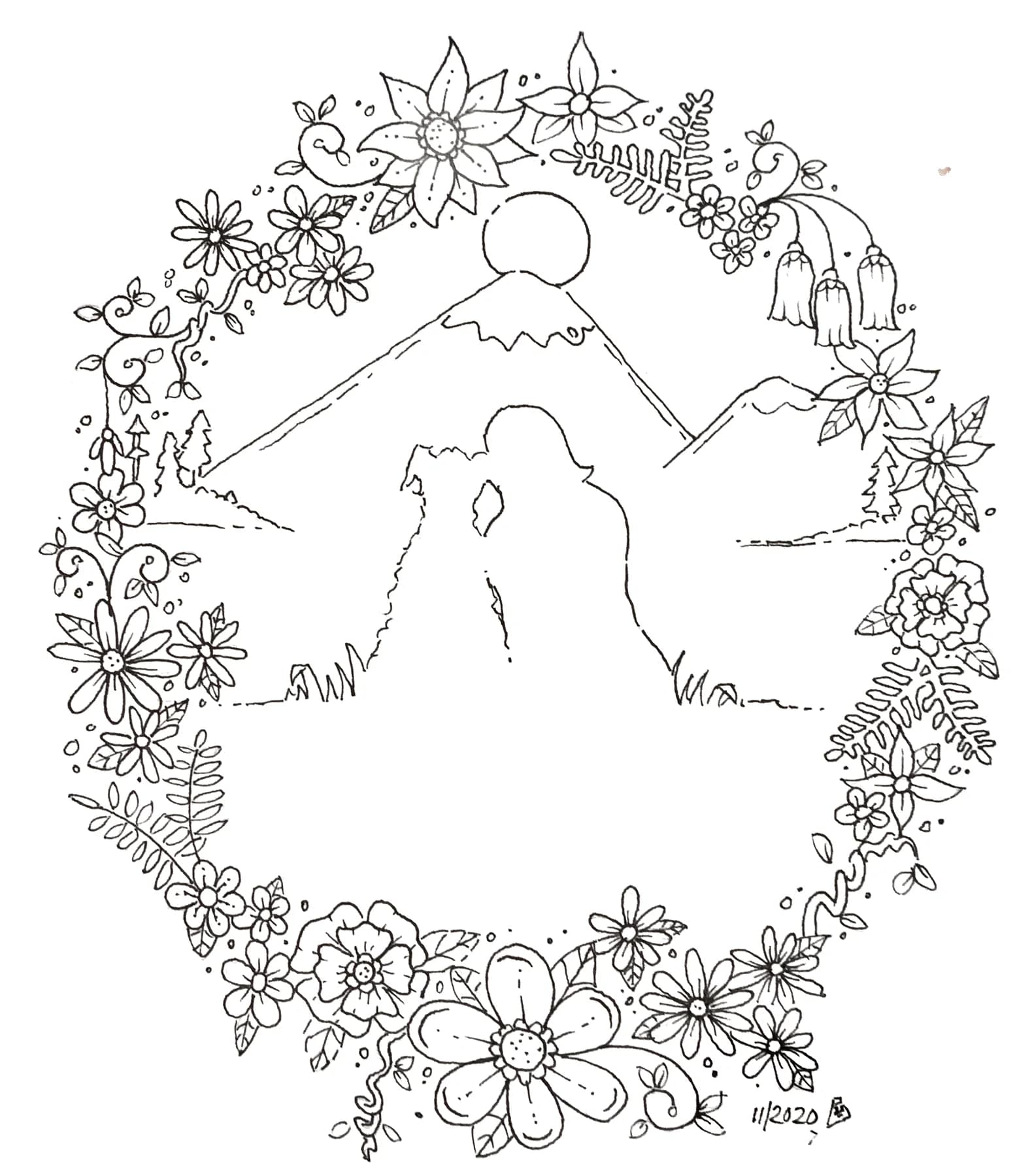 Ink drawing of a volcanic island under a low sun, encircled by a dense wreath of flowers, leaves and small buildings.