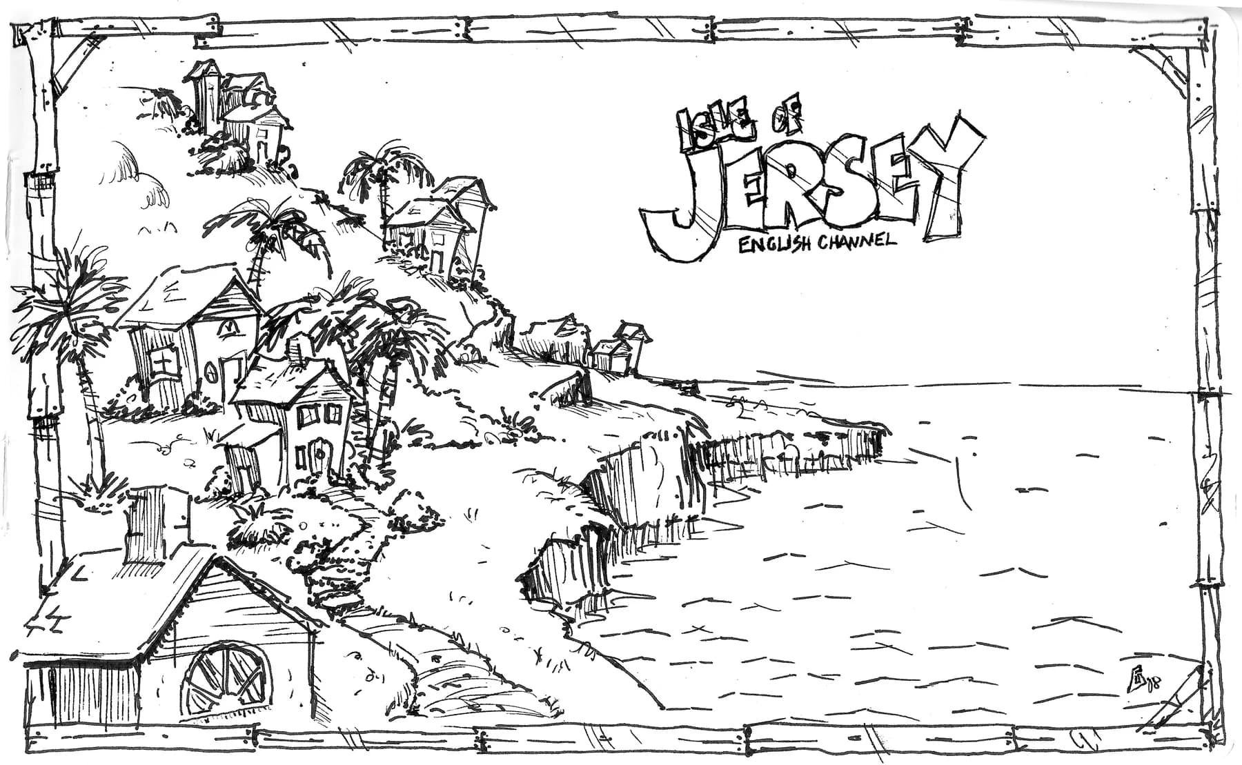 Pen-and-ink drawing of a hillside of stilt houses and palms above a beach, framed in drawn bamboo, with a hand-lettered title reading 'Isle of Jersey, English Channel'.