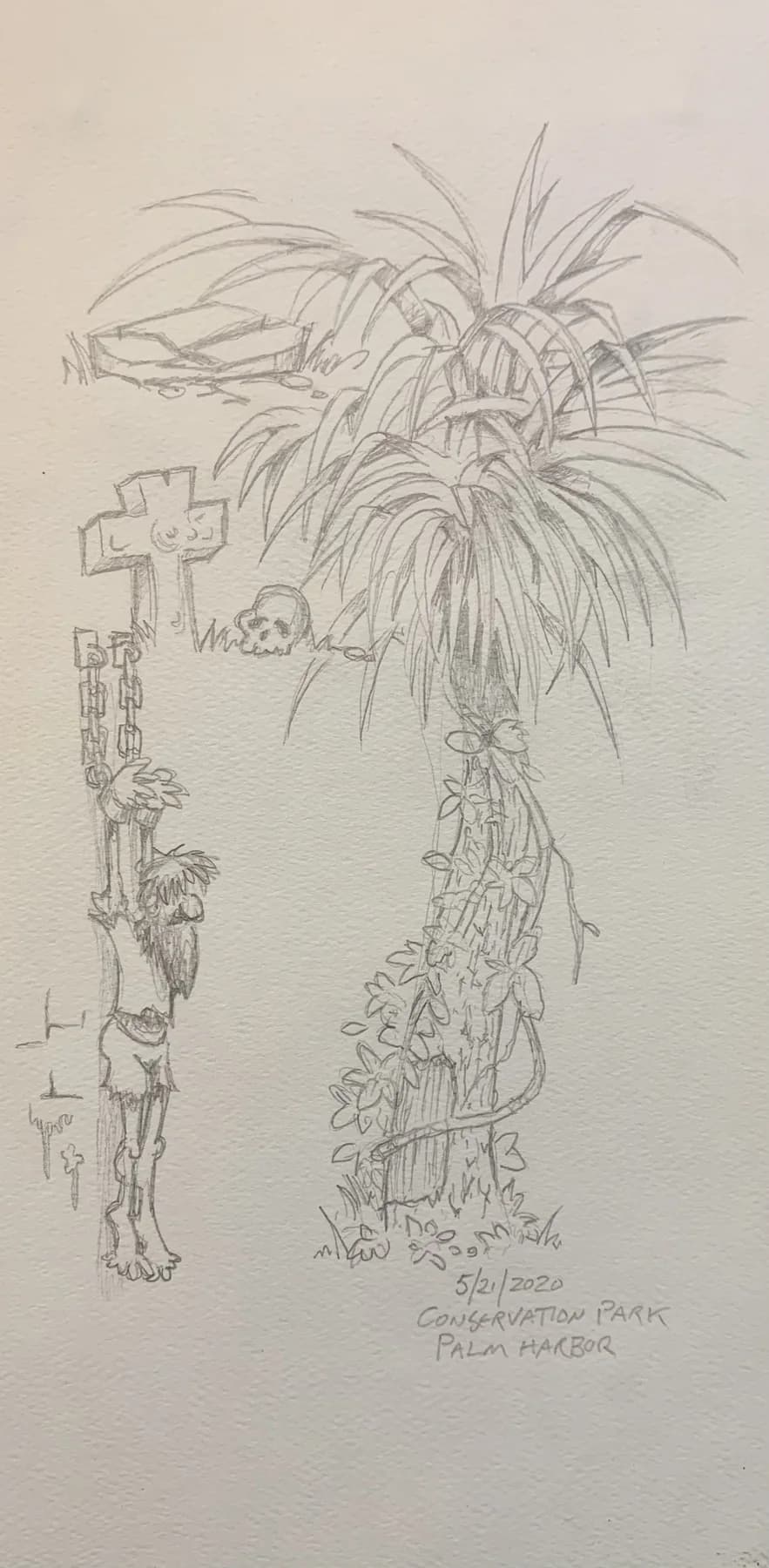 Annotated pencil field study of a palm beside a carved totem post.