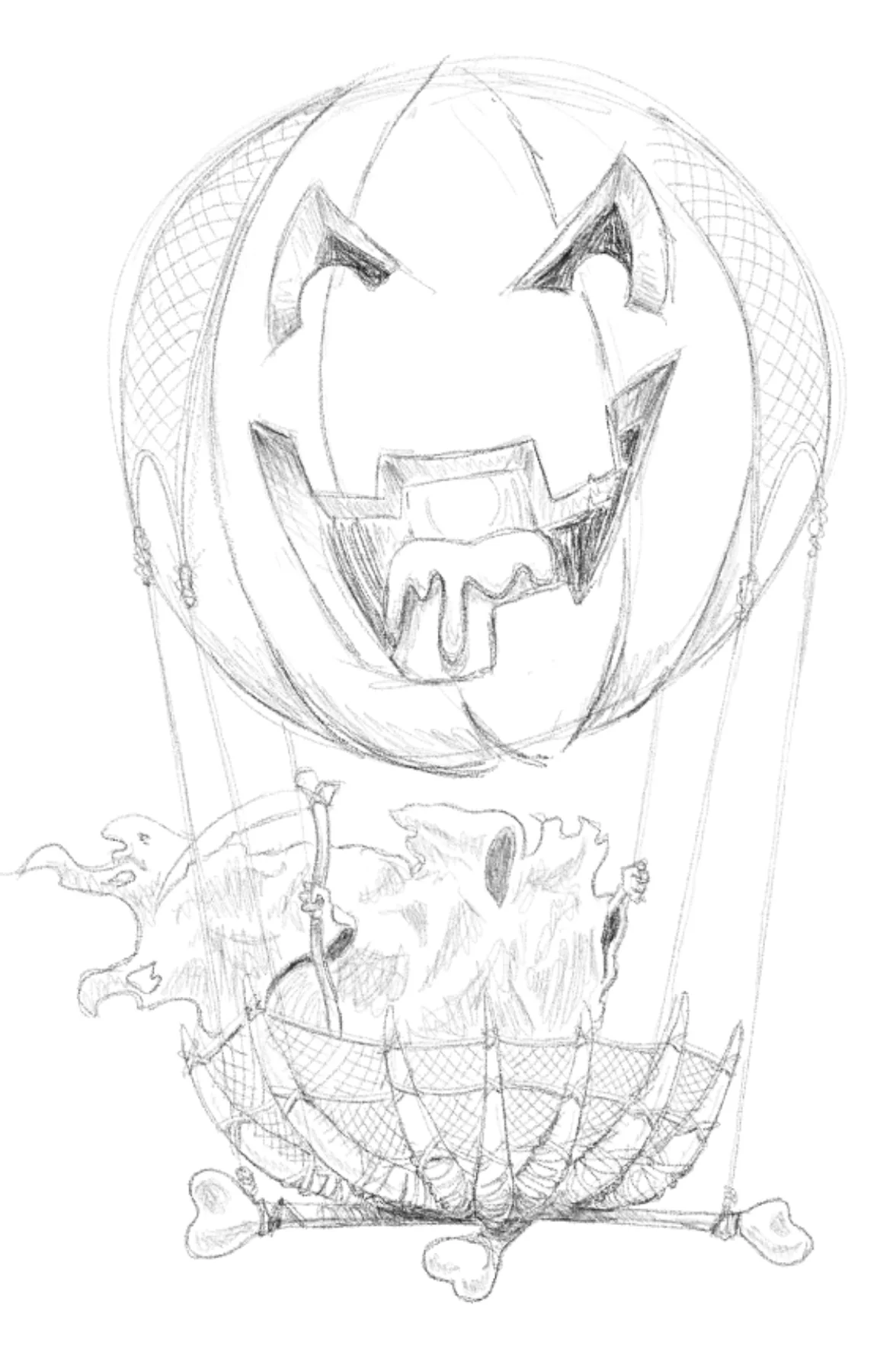 Graphite drawing of a hot air balloon shaped like a grinning carved pumpkin, with a skull-and-bone basket slung beneath it.