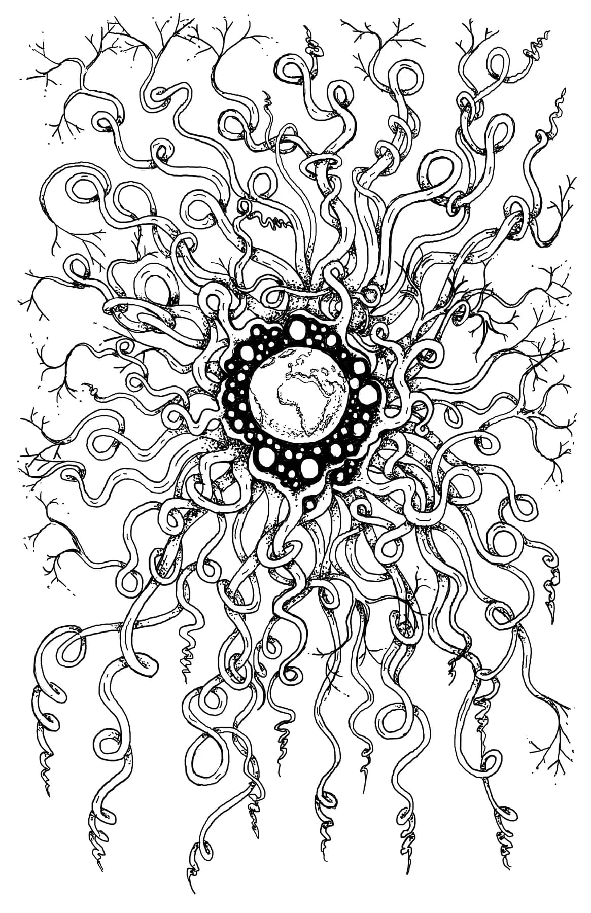 Ink drawing of a beaded ring at the centre of a burst of curling vines and tendrils radiating outward across the page.