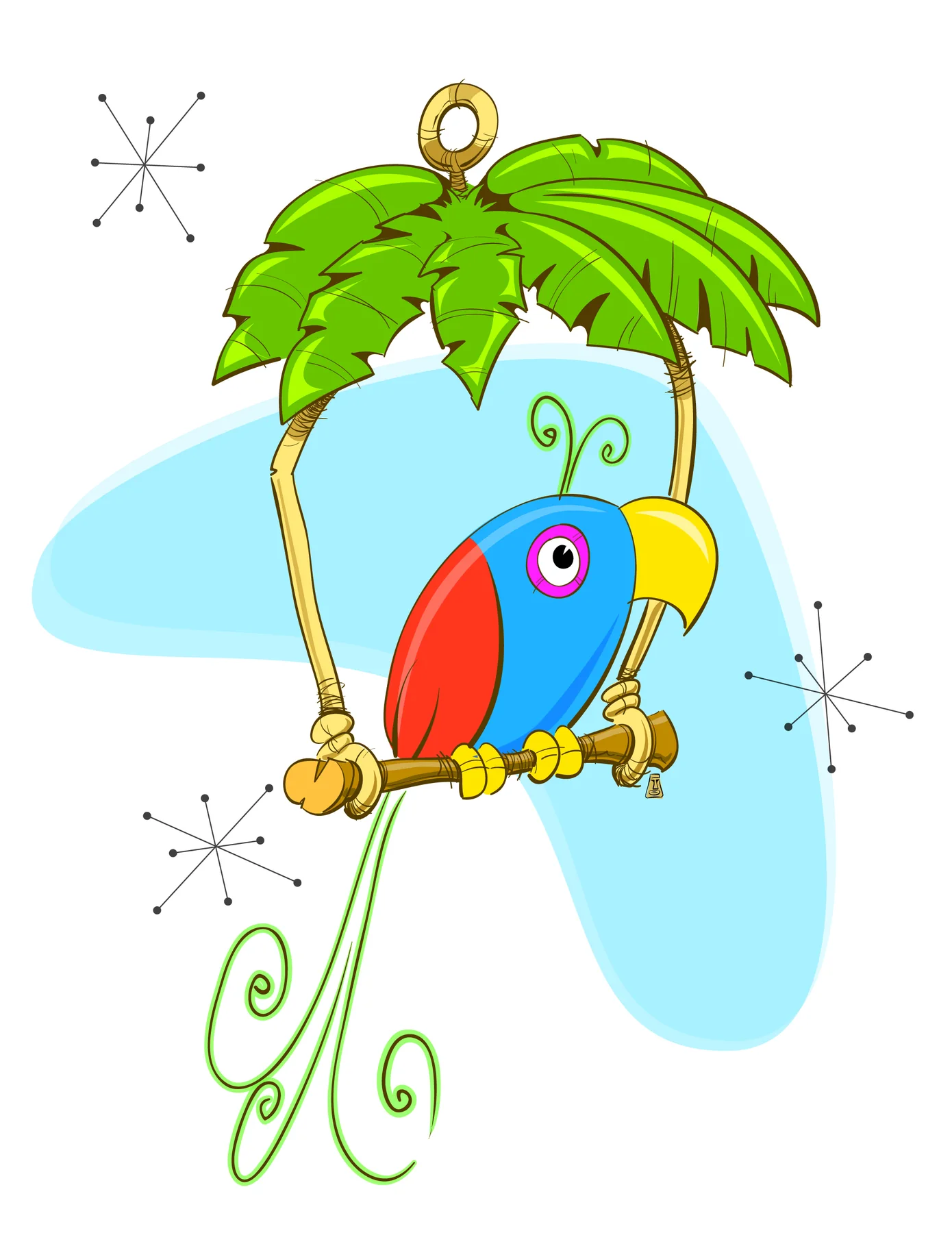 Flat vector illustration of a red and blue tropical bird perched on a bamboo swing beneath two palm fronds, with retro starbursts and a pale blue shape behind it.