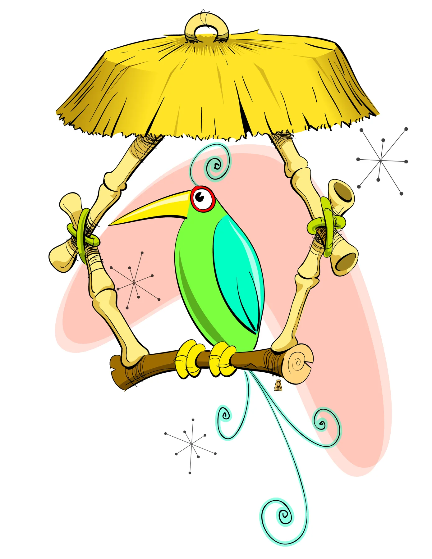 Flat vector illustration of a green and teal long-beaked bird perched on a bamboo swing under a thatched umbrella, with retro starbursts and a pink shape behind it.