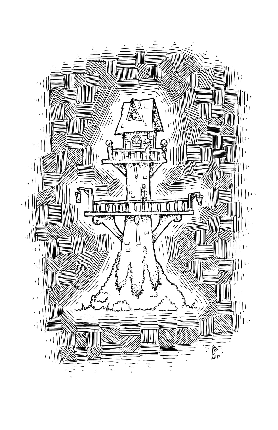 Densely crosshatched ink drawing of a narrow tower house perched on a tree stump, framed by a heavy hatched border.