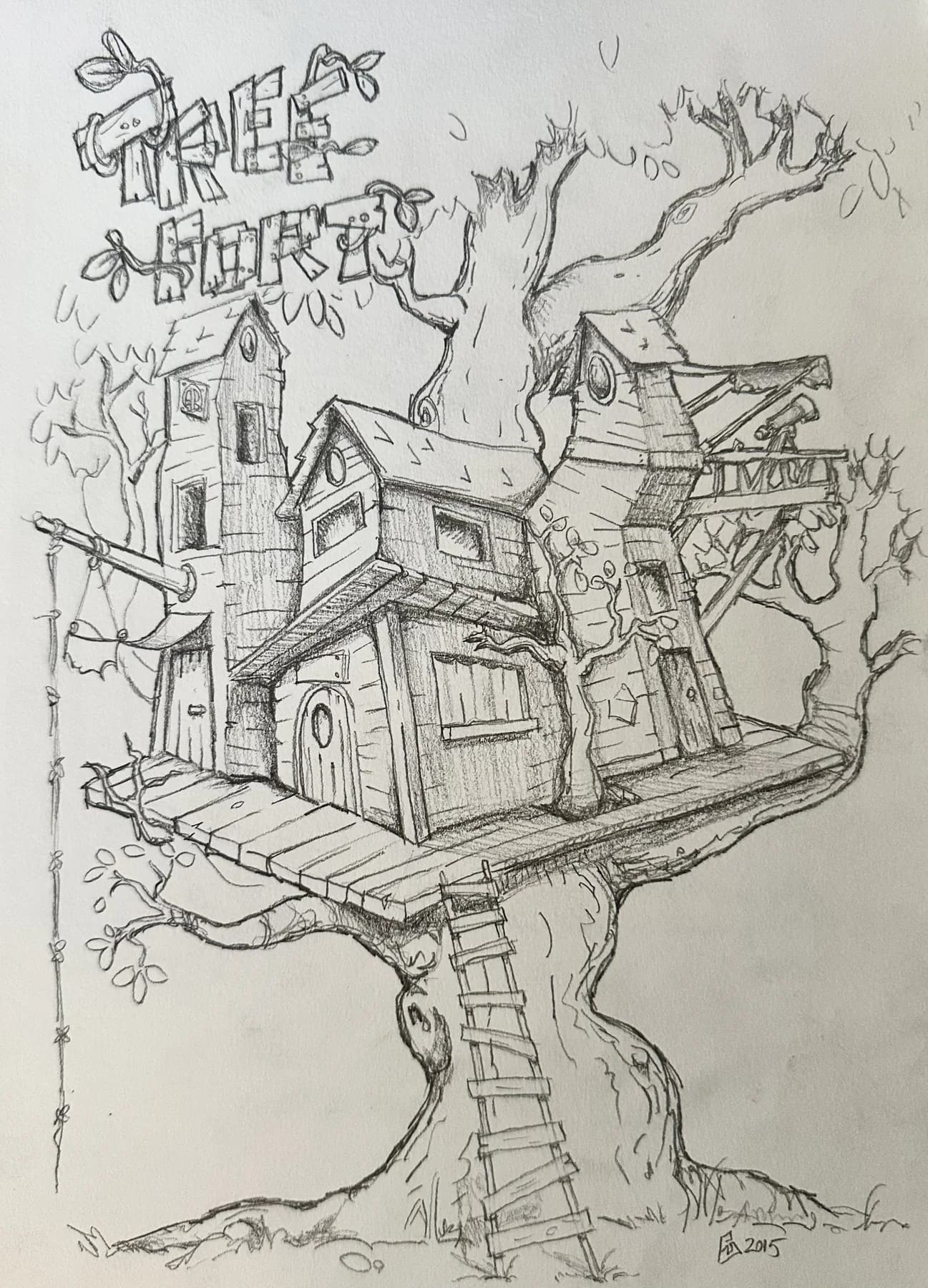 Graphite drawing of a rambling multi-storey treehouse built through the branches of an old tree, with ladders and walkways, titled 'Tree House' in hand lettering.