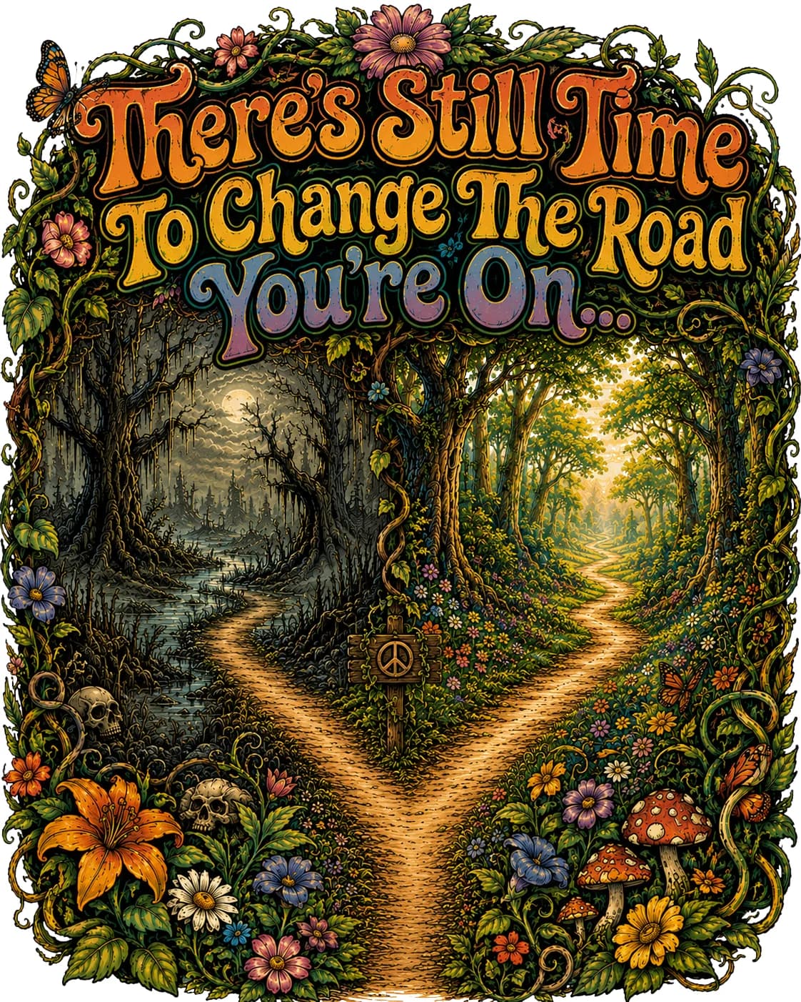 Painted illustration of a path forking between a dark swamp and a sunlit wood, headed by hand lettering reading 'There's Still Time To Change The Road You're On', with a flowered border.