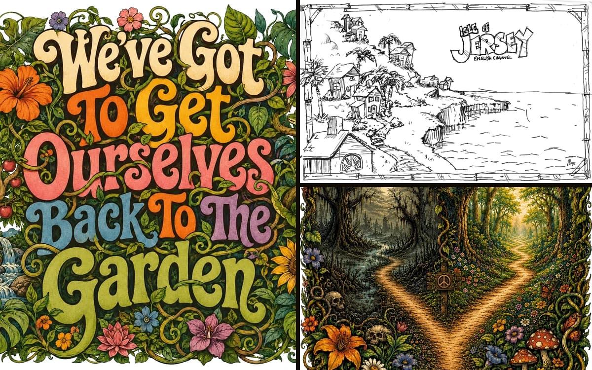 Three illustrations: an ornate hand-lettered piece framed in flowers, a pen-and-ink island scene, and a painted forked woodland path.