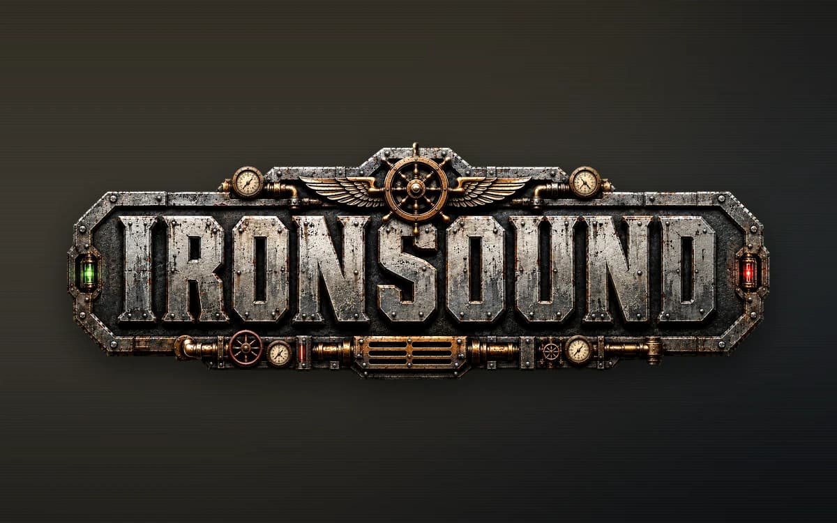 The Ironsound logotype — riveted steel plate lettering with a winged ship's wheel, brass pipework, and gauges.