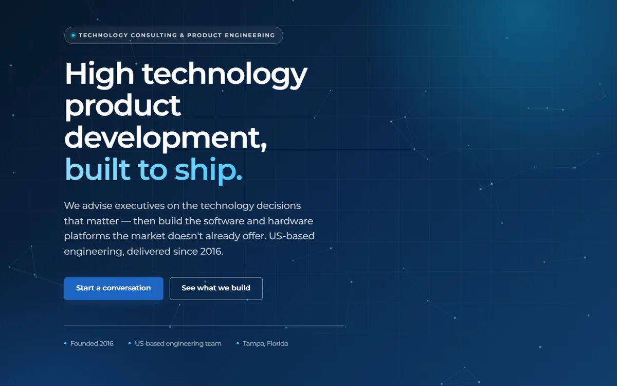 The Line One Ventures homepage — a dark blue hero reading 'High technology product development, built to ship.'