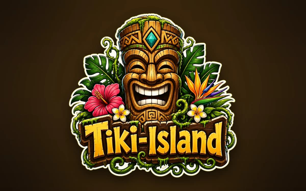 The Tiki-Island mark — a carved wooden tiki grinning through monstera leaves, hibiscus and bird-of-paradise, above hand-lettered 'Tiki-Island' signage.